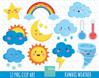 WEATHER clipart, weather icons, commercial use, kawaii wather graphic, cute, cloud, sun, storm, rainbow, moon, snow, star, cute, thermometer