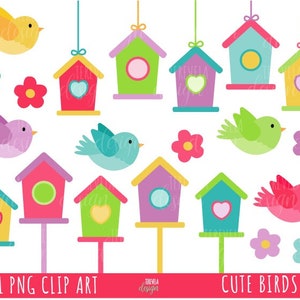 clipart de casas de pássaros, clipart SPRING, clipart de pássaros, uso comercial, clipart de pássaros fofos, flores, meninas, pássaro fofo, casa de pássaros, animais, fofo