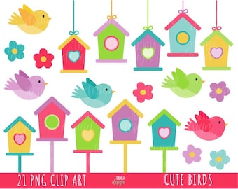bird houses clipart, SPRING clipart, birds clipart, commercial use, cute birds clipart, flowers, girls, cute bird, bird house, animals, cute