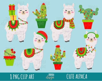 CHRISTMAS LLAMA clipart, commercial use, christmas, llama, alpaca clipart, animal, lama graphics, kawaii llama, cute alpaca, cactus, xmas