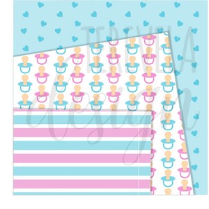 May include: A digital paper pack with three different patterns. The first pattern is a light blue background with white hearts. The second pattern is a white background with alternating pink and blue stripes. The third pattern is a white background with a repeating pattern of pink and blue pacifiers.