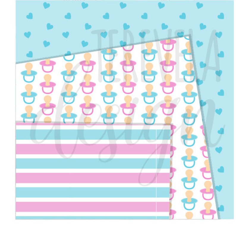 May include: A digital paper pack with three different patterns. The first pattern is a light blue background with white hearts. The second pattern is a white background with alternating pink and blue stripes. The third pattern is a white background with a repeating pattern of pink and blue pacifiers.
