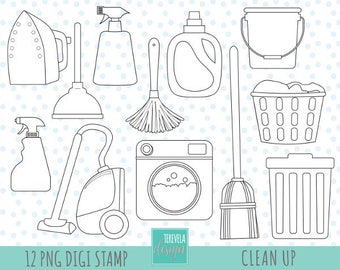 CLEANING digi stamp, commercial use, Laundry stamp, clean up graphics, cute, cute clean icons, bucket, digital stamps, washing machine, iron