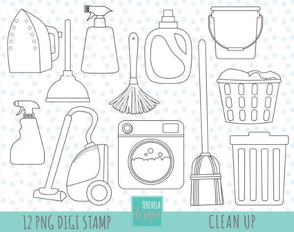 Machine Clean Sticker Cute CLEANING Digi Stamp, Commercial Use, Laundry Stamp, Clean up Graphics ...
