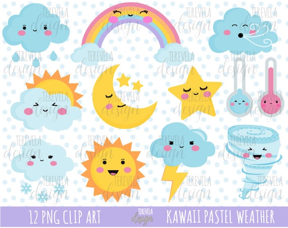 WEATHER PASTEL clipart, weather icons, commercial use, kawaii wather graphics, cute, cloud, sun, storm, rainbow, moon, snow, star, cute