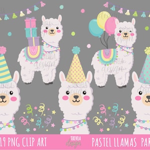 Llama clipart, PASTEL COLOR LLAMA, clipart partie, utilisation commerciale, anniversaire, alpaga, lama, lama mignon, lama lama, lama party, ballons, cadeaux, mignon
