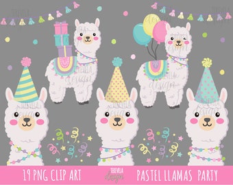 Llama clipart, PASTEL COLOR LLAMA, party clipart, commercial use, birthday, alpaca, lama, cute llama, llama party, balloons, gifts, cute