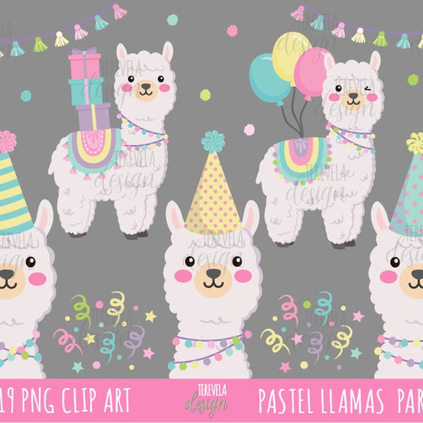 Llama clipart, PASTEL COLOR LLAMA, party clipart, commercial use, birthday, alpaca, lama, cute llama, llama party, balloons, gifts, cute