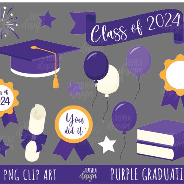 PURPLE GRADUATION clipart, Class of 2024, commercial use, college, graduation hat, ballons, books, diploma, 2024, purple, medals, school