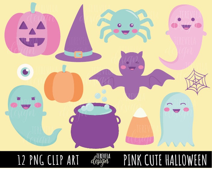 halloween clipart, kawaii halloween clipart, PINK HALLOWEEN, commercial use, ghost, bat, pumkin, spider, cauldron, candy corn, cute ghost