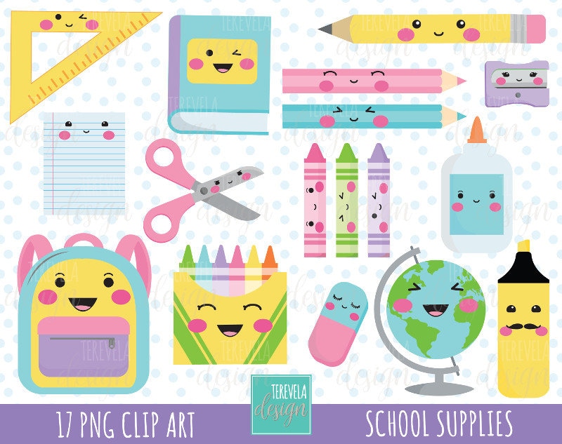 Cute Kawaii Watercolor Clip Art Art Supplies Back to School PNG