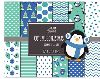 BLUE CHRISTMAS paper, commercial use, paper pack, Christmas paper, digital paper, snowman, christmas, Penguin, blue christmas, snow, cute
