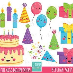 GEBURTSTAG Cliparts, Party Cliparts, kommerzielle Nutzung, Kawaii Clipart, Geburtstagskuchen, Geschenke, Luftballons, süße Cliparts, Geburtstag, Partybilder, süß
