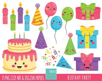 BIRTHDAY clipart, party clipart, commercial use, kawaii clipart, birthday cake, Gifts, balloons, cute clipart, birthday, party images, cute