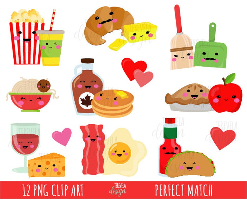 MATCH PARFAIT clipart, clipart amitié, clipart amour, paire parfaite, usage commercial, clipart Saint-Valentin, couple, nourriture, amis, kawaii image 1