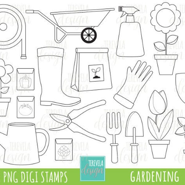 GARDEN digi stamp, spring stamps, commercial use, gardening stamp, cute digi stamp, gardening tools, flowers, seeds, garden tools, sunflower