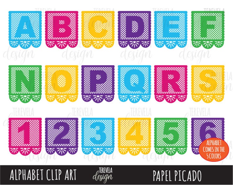 May include: A set of colourful alphabet and number paper banners with a decorative cut-out design. The letters and numbers are in a bold, white font. The banners are in the colours red, yellow, green, blue, and purple. The text "ALPHABET COMES IN THE 5 COLORS" is at the bottom of the image.