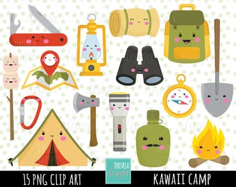 CAMP clipart, kawaii clipart,commercial use, camping digital clipart, kawaii camping, camping equipment, tent, camp fire, travel, kawaii