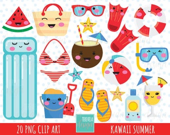 SUMMER clipart, kawaii summer clipart, summer graphics, commercial use, beach, kawaii clipart, summer party, pool, summer sublimation, cute