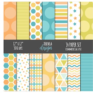 ORANGE, GREEN and BLUE digital paper, commercial use, paper pack, scrapbook, dots, lines, green, blue, orange, yellow, geometric shapes
