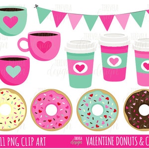 VALENTINE&#39;S CLIPART, Coffee and donut clipart, donuts clipart, coffee clipart, commercial use, cute clipart, dessert clip art, hearts, love