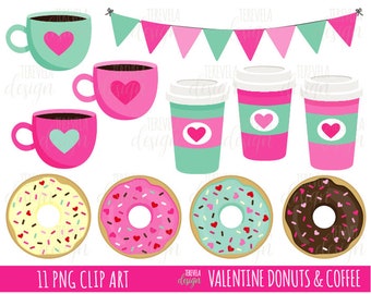 VALENTINE'S CLIPART, clipart de café e donut, clipart de donuts, clipart de café, uso comercial, clipart fofo, clipart de sobremesa, corações, amor