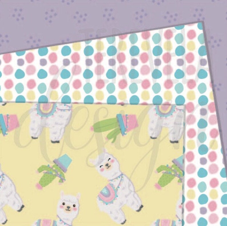 May include: A seamless pattern featuring cute llamas with colourful accents, cacti, and polka dots in shades of pink, blue, and yellow on a light yellow background.