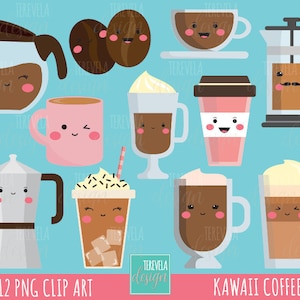 May include: A collection of kawaii-style coffee-themed clip art. The image features various coffee drinks, including a coffee pot, coffee beans, a mug, and iced coffee, all with cute, smiling faces. The background is a light blue color, and the text "12 PNG CLIP ART" and "KAWAII COFFEE" are included.