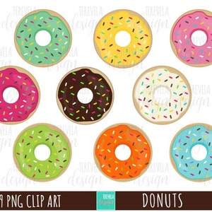 May include: Nine colorful donuts with various sprinkles and frosting. The donuts are arranged in a circle on a white background.