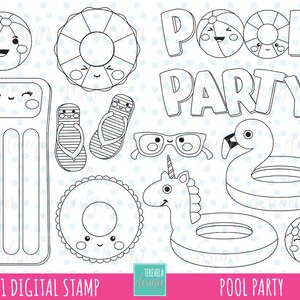 Pode incluir: Um conjunto de 11 carimbos digitais em preto e branco com ilustrações de tema de festa na piscina. As ilustrações incluem um flutuador de piscina, um flutuador de piscina de unicórnio, um flutuador de piscina de flamingo, uma bola de praia, um par de chinelos, óculos de sol, um flutuador de piscina e um salva-vidas. O texto "POOL PARTY" também está incluído no conjunto.
