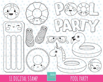 POOL digitale Briefmarken, Sommer-Digi-Briefmarken, kommerzielle Nutzung, Pool Färbung Seite, Kawaii Sommer, Pool-Grafiken, aufblasbar, Einhorn aufblasbar