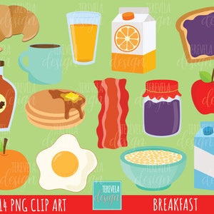 Ontbijt clipart, voedsel clipart, ontbijt graphics, commercieel gebruik, maaltijden graphics, fruit, brood, eieren, ontbijtgranen, melk, schattige afbeeldingen