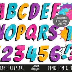 PINK COMIC FONTS Clipart, super heroes Alphabet pink pop font, text speech bubbles super hero font, comic style letters, pop alphabet, comic