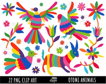 OTOMI clipart, MEXICO clip art, Commercial use, mexican folk, animals, flowers, floral, mexican craft, mexican party, bird, rabbit, colorful