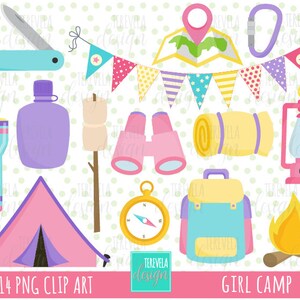 GIRL CAMP Clipart, Kommerzielle Nutzung, Camping Clipart, Mädchen Lager, Pyjama Party, Campingausrüstung, Zelt, Lagerfeuer, Reise, niedlich, Karte, Mädchen