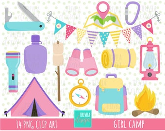 GIRL CAMP clipart,  commercial use, camping clipart, girls camp, pajama party, camping equipment, tent, camp fire, travel, cute, map, girl
