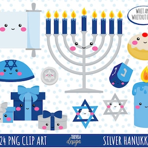 Hanukkah Clipart, Silber Hanukka, kommerzielle Nutzung, Hanukkah Grafiken, sofortiger Download, Kawaii Hanukkah, Menora, Jannukah, David Stern