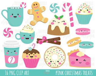 CHRISTMAS clipart, christmas treats, pink, commercial use, christmas graphics, instant download, Kawaii christmas, desserts clipart