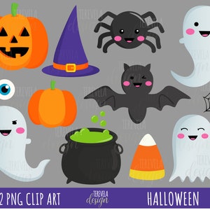 May include: A set of 12 Halloween clip art images in PNG format. The images include a pumpkin, a witch's hat, a spider, a ghost, a bat, a cauldron, a candy corn, and a spider web. The images are all in a cartoon style and are perfect for use in digital scrapbooking, card making, and other craft projects.