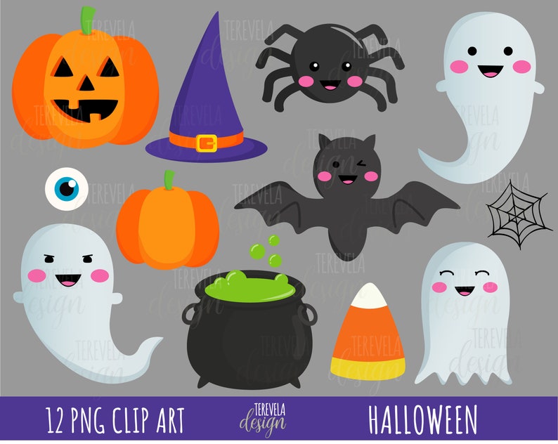 May include: A set of 12 Halloween clip art images in PNG format. The images include a pumpkin, a witch's hat, a spider, a ghost, a bat, a cauldron, a candy corn, and a spider web. The images are all in a cartoon style and are perfect for use in digital scrapbooking, card making, and other craft projects.