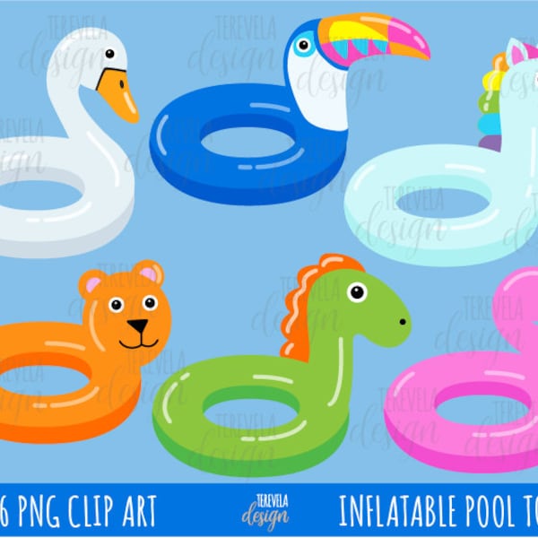 INFLATABLE pool toys clipart, POOL PARTY clipart, summer clipart, commercial use, pool toys, water toys, summer, unicorn, toucan inflatable