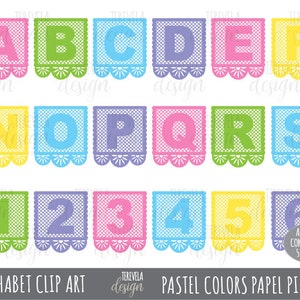Alphabet Clip Art, PAPEL PICADO clipart, banner, uso comercial, colores pastel, letras lindas, mexicana, monograma, alfabeto