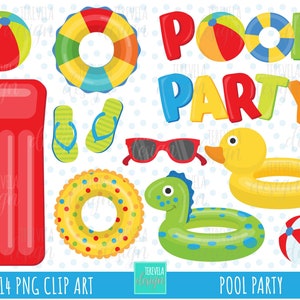 festa na piscina clipart, clipart de verão, uso comercial, gráficos de piscina, brinquedos de piscina, download instantâneo, festa, verão, inflável, óculos de sol, fofo