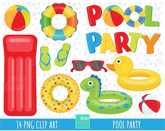 pool party clipart, summer clipart, commercial use, pool graphics, pool toys, instant download, party, summer, inflatable, sunglasses, cute