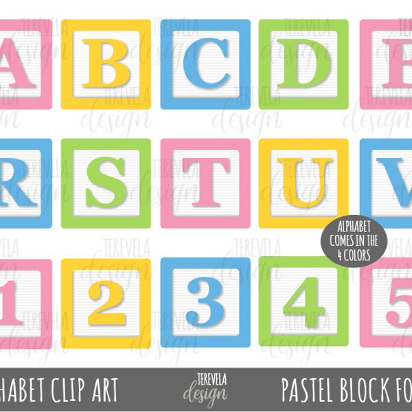PASTEL BLOCKS FONTS Clipart, Alphabet Clip Art, kids blocks Clip Art, Printable, baby fonts, commercial use, block toys, kids letters, cute