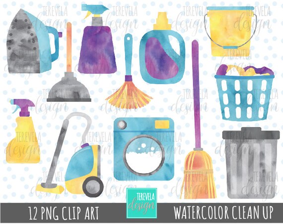 Watercolor Cleaning Clipart Commercial Use Laundry Clipart | Etsy