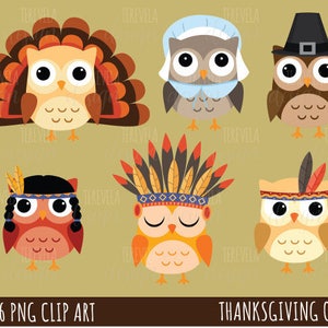May include: Six Thanksgiving-themed owl illustrations in various styles. The owls are wearing pilgrim hats, Native American headdresses, and a turkey feather headdress. The owls are all cartoon-style and have large eyes.