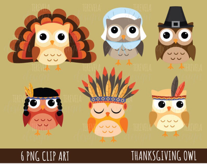 May include: Six Thanksgiving-themed owl illustrations in various styles. The owls are wearing pilgrim hats, Native American headdresses, and a turkey feather headdress. The owls are all cartoon-style and have large eyes.