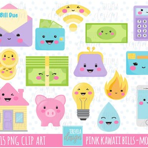 BOLLETTE in scadenza clipart, bollette mensili, clipart kawaii, uso commerciale, clipart denaro, salvadanaio, ROSA, carta di credito, calcolatrice, cellulare, carino