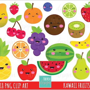 kawaii FRUIT clipart, commercial use, cute clipart, apple/banana/cherry/watermelon/kiwi/mango, grapes, pineapple, orange/lemon